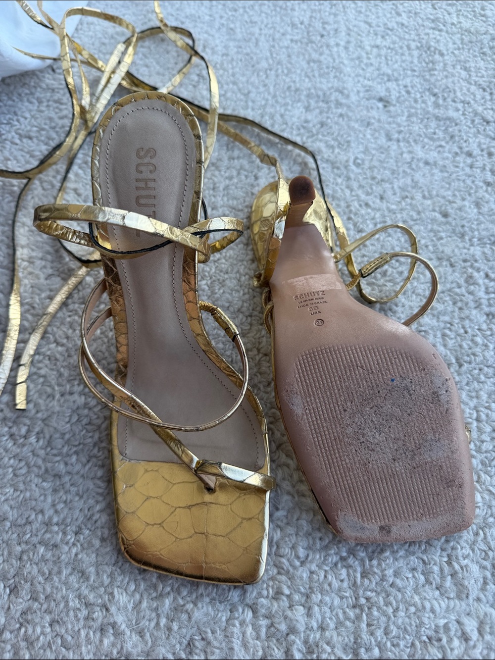 SCHUTZ Metallic Gold Strappy Lace-Up Heels - Picture 2 of 3